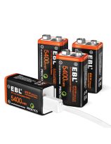 EBL&reg; USB Rechargeable 4 Pack of 9V Lithium Batteries 5400mWh with Charging Cable