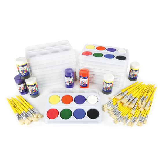 Ensemble de blocs de gouache et de pinceaux - Couleurs primaires et secondaires