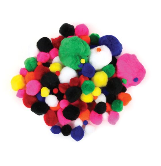 Pompons, couleurs et tailles assorties - Paquet de 100