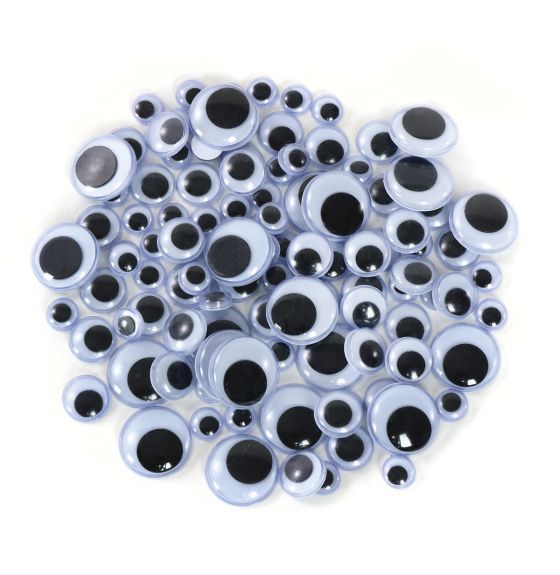 Paste-On Black & White Wiggle Eyes - Assorted, 7mm, 10mm, 15mm - 100 pcs