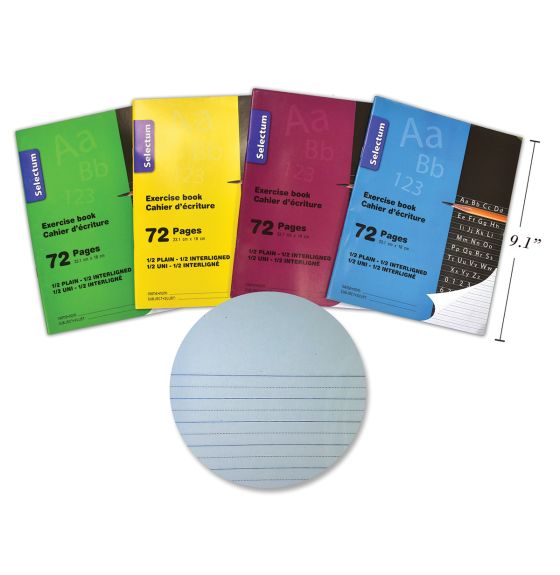 Cahier d'exercices de 72 pages, 1/2 uni et 1/2 interligné pointillé - Paquet de 12