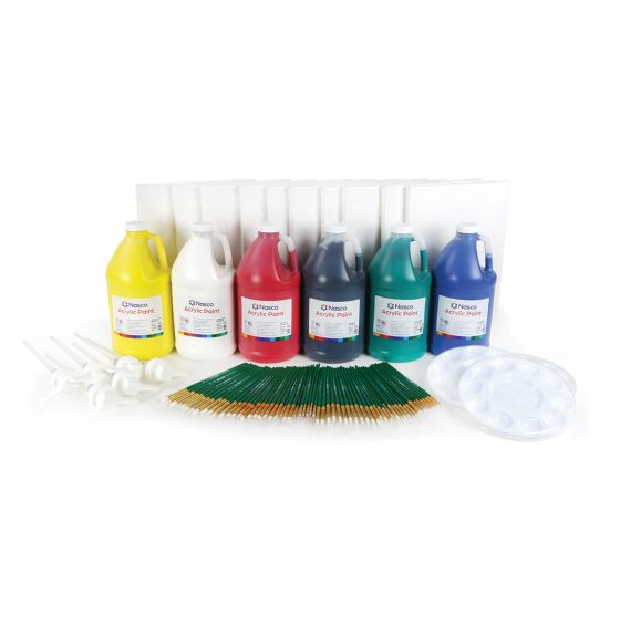 Ensemble de classe de toiles avec peinture acrylique et palettes