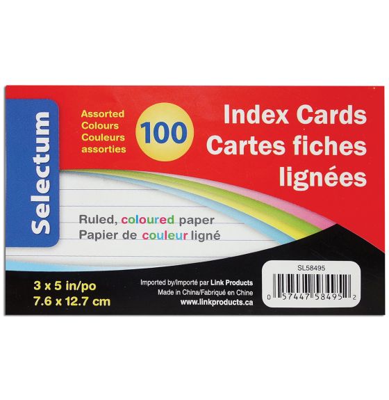 Fiches lignées aux couleurs variées Selectum de 7,6 cm X 12,7 cm - Paquet de 100