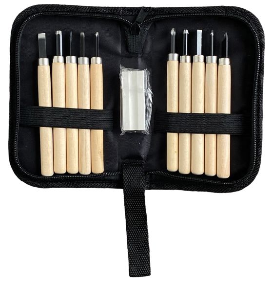 Ensemble d'outils de sculpture sur bois et fourreau en tissu