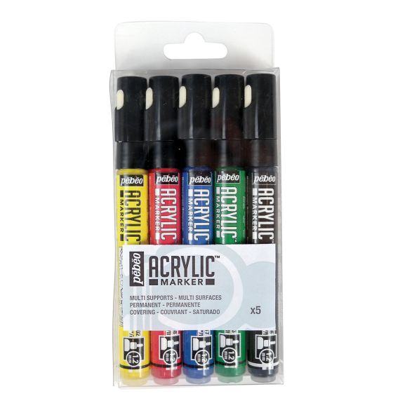 Ensemble de 5 marqueurs permanents Pébéo Acrylic™ - Pointe ronde, 1,2 mm - Couleurs primaires