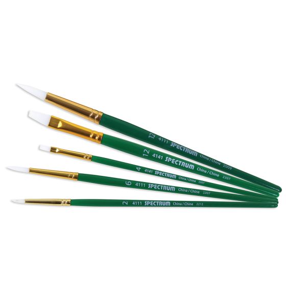 Ensemble de 5 pinceaux plats et ronds assortis Spectrum en taklon blanc, séries 4111 et 4141, à manche court
