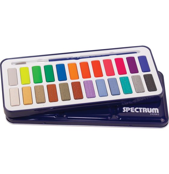 Pastilles d'aquarelle Spectrum dans un petit boîtier métallique, couleurs métallisées et néon - 24 couleurs