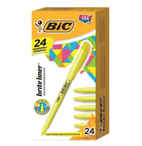 BIC&reg; Brite Liner Chisel Tip Pocket Style Highlighters - Pack of 24 - Yellow