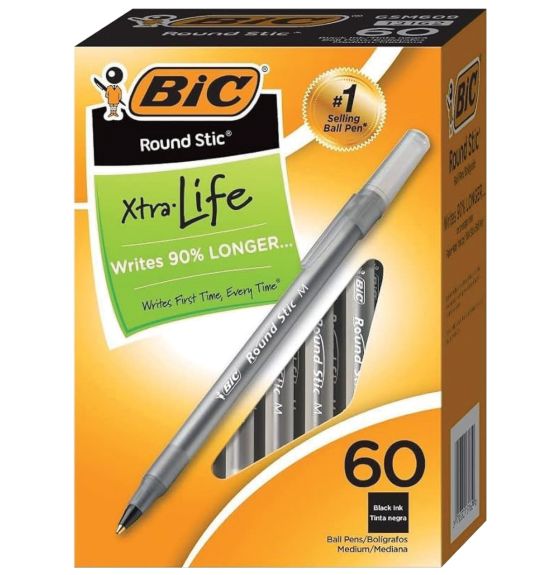 BIC&reg; Round Stic&reg; Xtra Life - Ball Point Pens - Pack of 60 - Black
