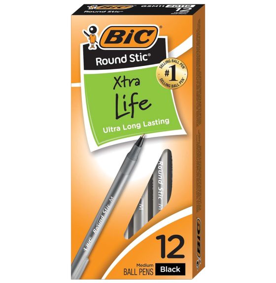 BIC&reg; Round Stic&reg; Xtra Life - Ball Point Pens - Pack of 12 - Black