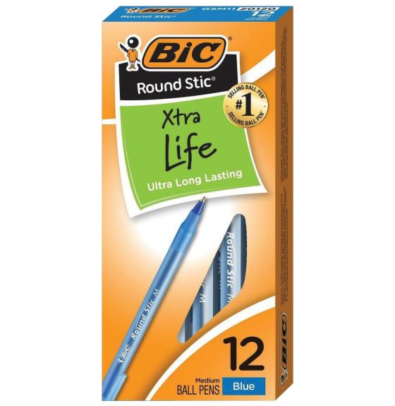 BIC&reg; Round Stic&reg; Xtra Life - Ball Point Pens - Pack of 12 - Blue