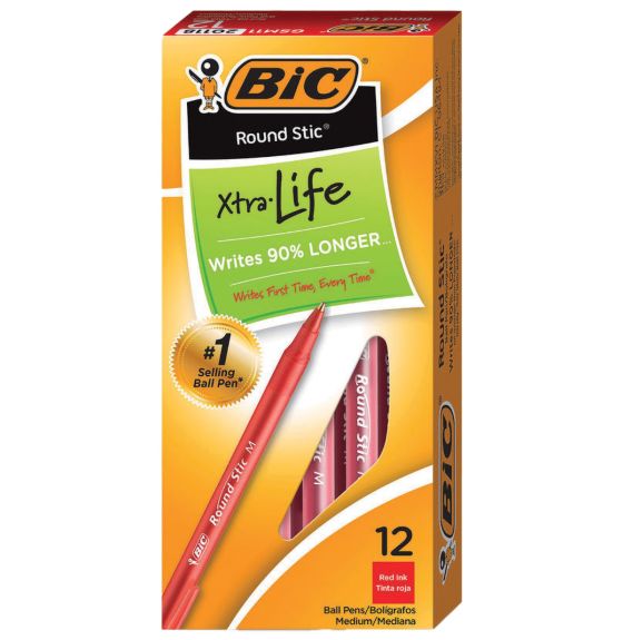 BIC&reg; Round Stic&reg; Xtra Life - Ball Point Pens - Pack of 12 - Red