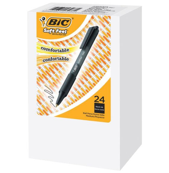 Stylos à bille BIC® Soft Feel® noirs, à pointe moyenne (1,0 mm) rétractable - Boîte de 24