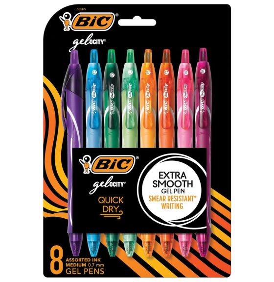 Stylos gel original BIC® gelOCITY™ à séchage rapide, pointe moyenne (0,7 mm) rétractable - Couleurs assorties - Paquet de 8