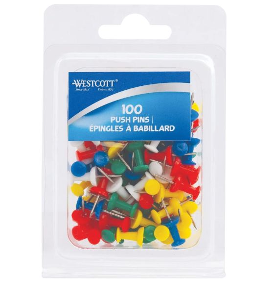Westcott&reg; Push Pins - Box of 100 - Assorted Colours