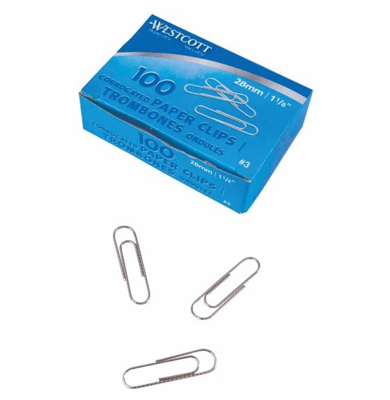 Westcott&reg; Corrugated Paper Clips - Box of 100 - Plain Clips (1 1/8")
