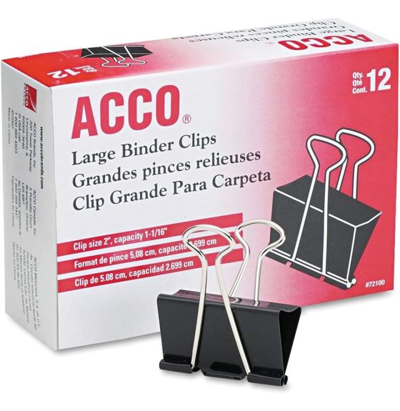 ACCO&reg; Large Foldback Binder Clips - 2" wide (1 1/16" capacity) - Pack of 12