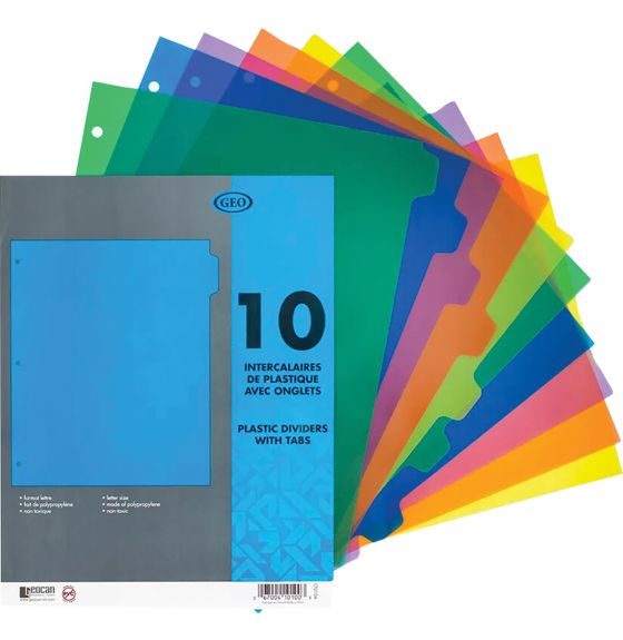 Plastic Dividers with Tabs - Letter Size - 10 Sections