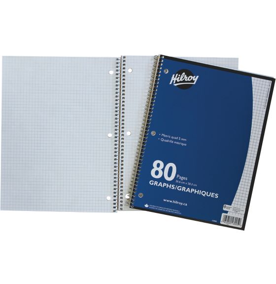 Hilroy Spiral Graph Notebook - 3 Hole Punched - Quad Ruled Front Ruling - 80 Pages