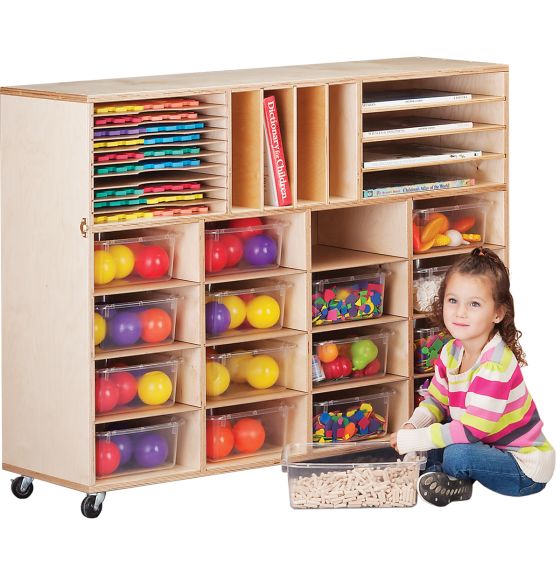 Stock Wooden Toys Multi Bin Storage Unit with 16 Semi Clear Totes