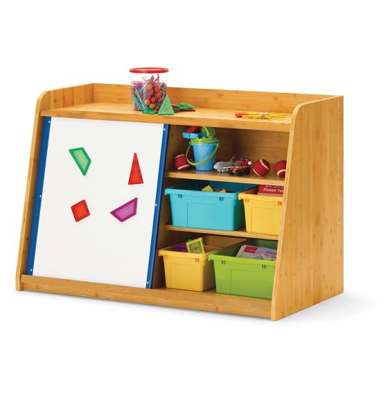 Meuble de rangement et d'écriture doté d'un tableau blanc et de bacs aux couleurs vives