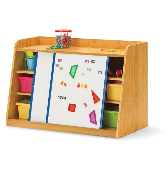 Meuble de rangement et d'écriture doté de 2 tableaux blancs et de bacs aux couleurs vives
