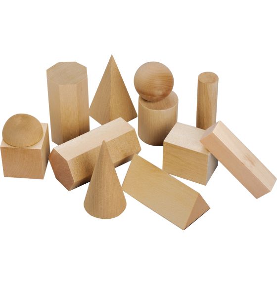 Ensemble de 12 petits solides géométriques en bois dans un contenant