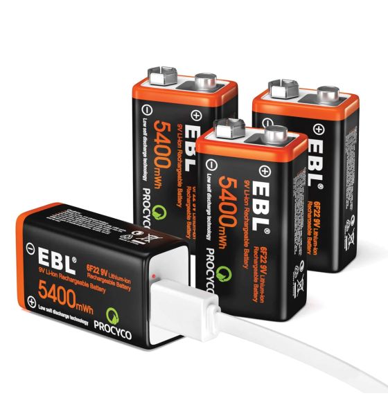 EBL&reg; USB Rechargeable 4 Pack of 9V Lithium Batteries 5400mWh with Charging Cable