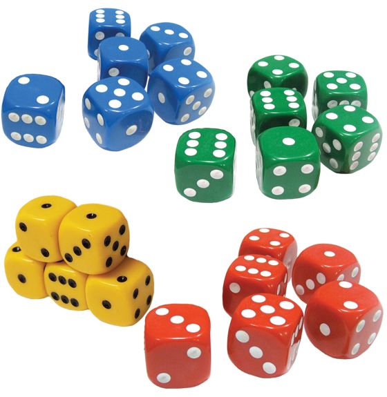 Spectrum Standard Coloured Dice, 1.6 cm - Green, Red, Blue & Yellow, Set of 24