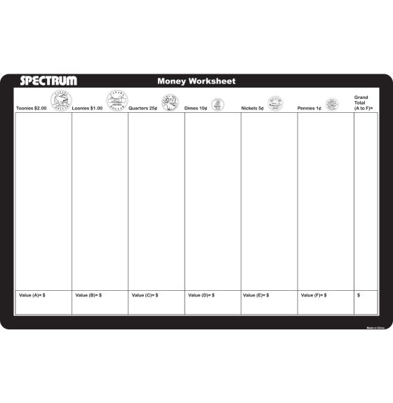 Dry-Erase Educational Money Worksheet Mat