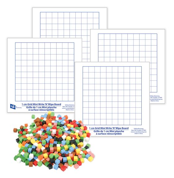 Ensemble de classe de mini tableaux quadrillés (1 cm) effaçables à sec et 1000 cubes emboîtables de 1 cm