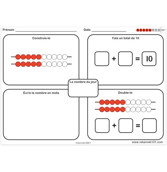Tableaux d'exercices quotidiens Rekenrek101® pour le module Sens du nombre (jusqu'à 20) #2 - Paquet de 30, version française 