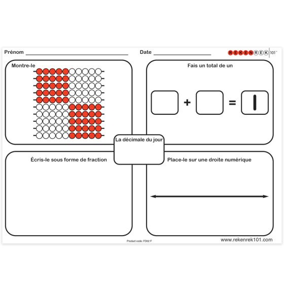 Tableaux d'exercices quotidiens Rekenrek101® pour le module Fractions et décimales - Paquet de 30, version française