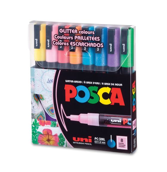 Marqueurs POSCA aux couleurs paillettées, pointe fine - Paquet de 8